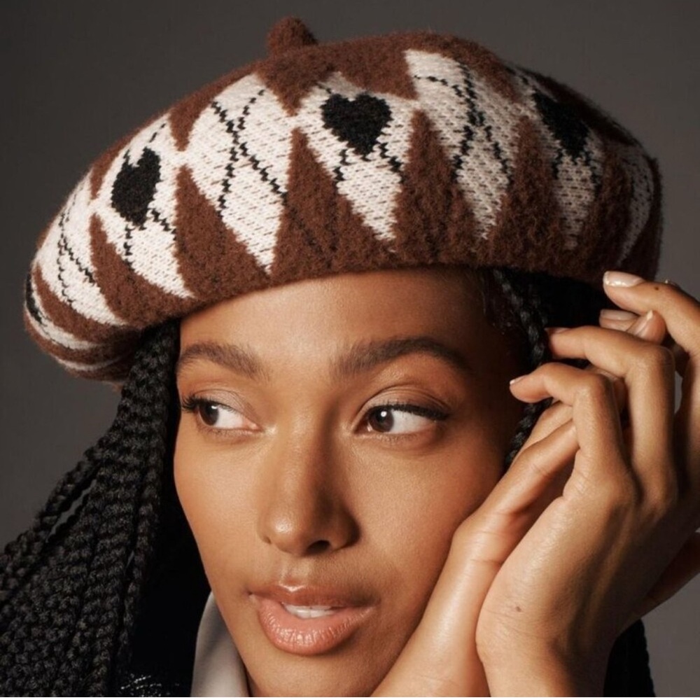 Maeve Brown and White Patterned Wool Beret